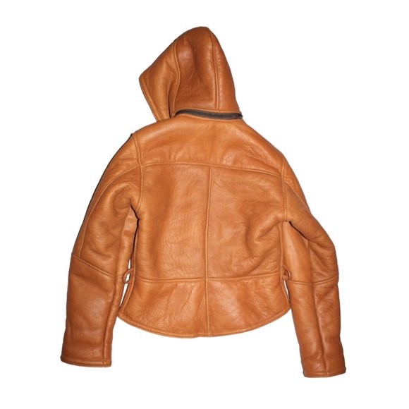 Genuine SHEARLING Leather Aviator Winter Jacket USA Size M Lapels & Hoodie Zip - Picture 7 of 13